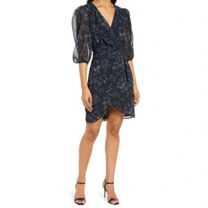 Halogen Chiffon Faux Wrap Floral Dress In Black Bali